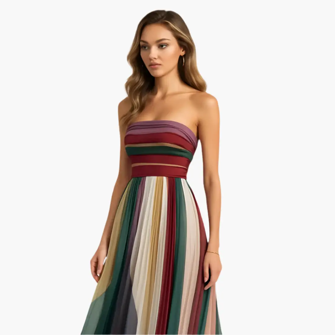 Mercedes | Vestido maxi para mujer sin tirantes y rayas elegante