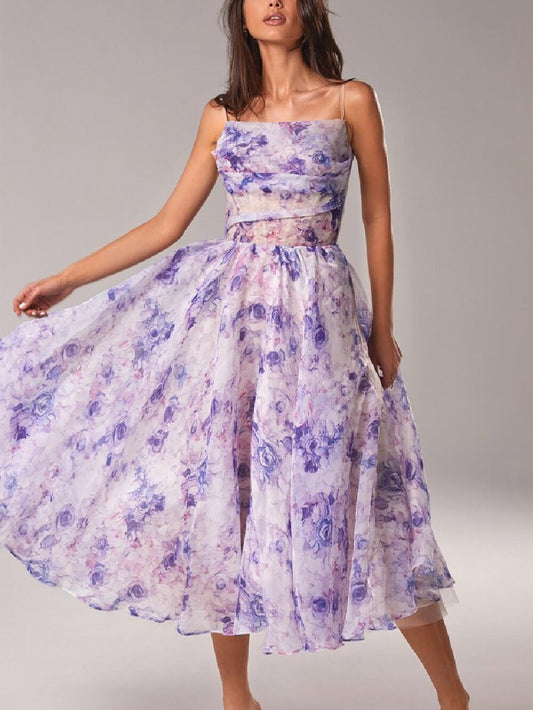 Celia | Robe midi pour femme avec fines bretelles et ligne A