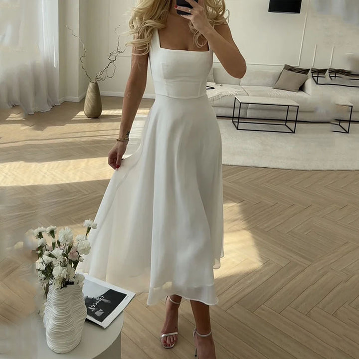 square neck midi dress for wedding guest MINIMALIST SQUARE-NECK MIDI DRESS
