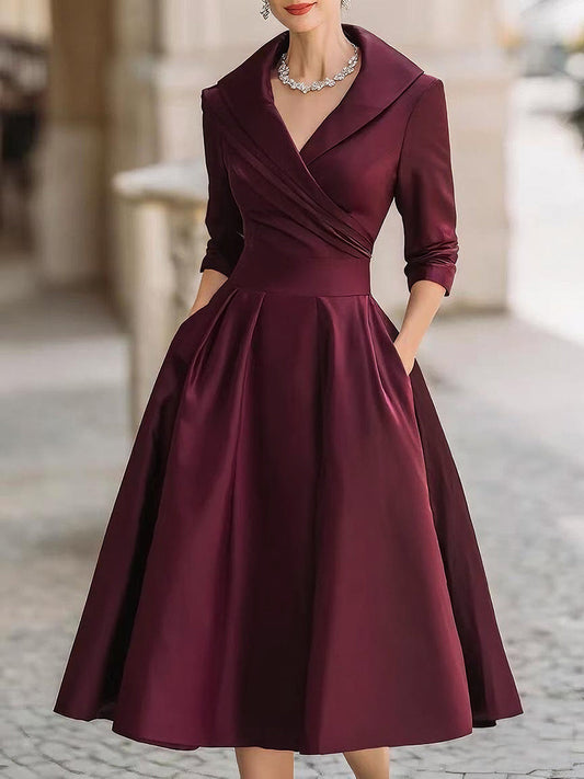 Victoria | Elegant midi dress with long sleeves and crossover neckline