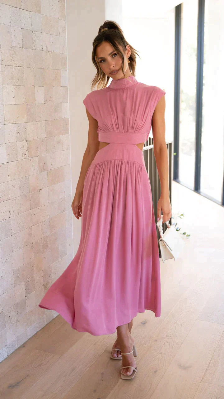 Lucía | Vestido midi con corte cut out y diseño sin mangas cuello alto