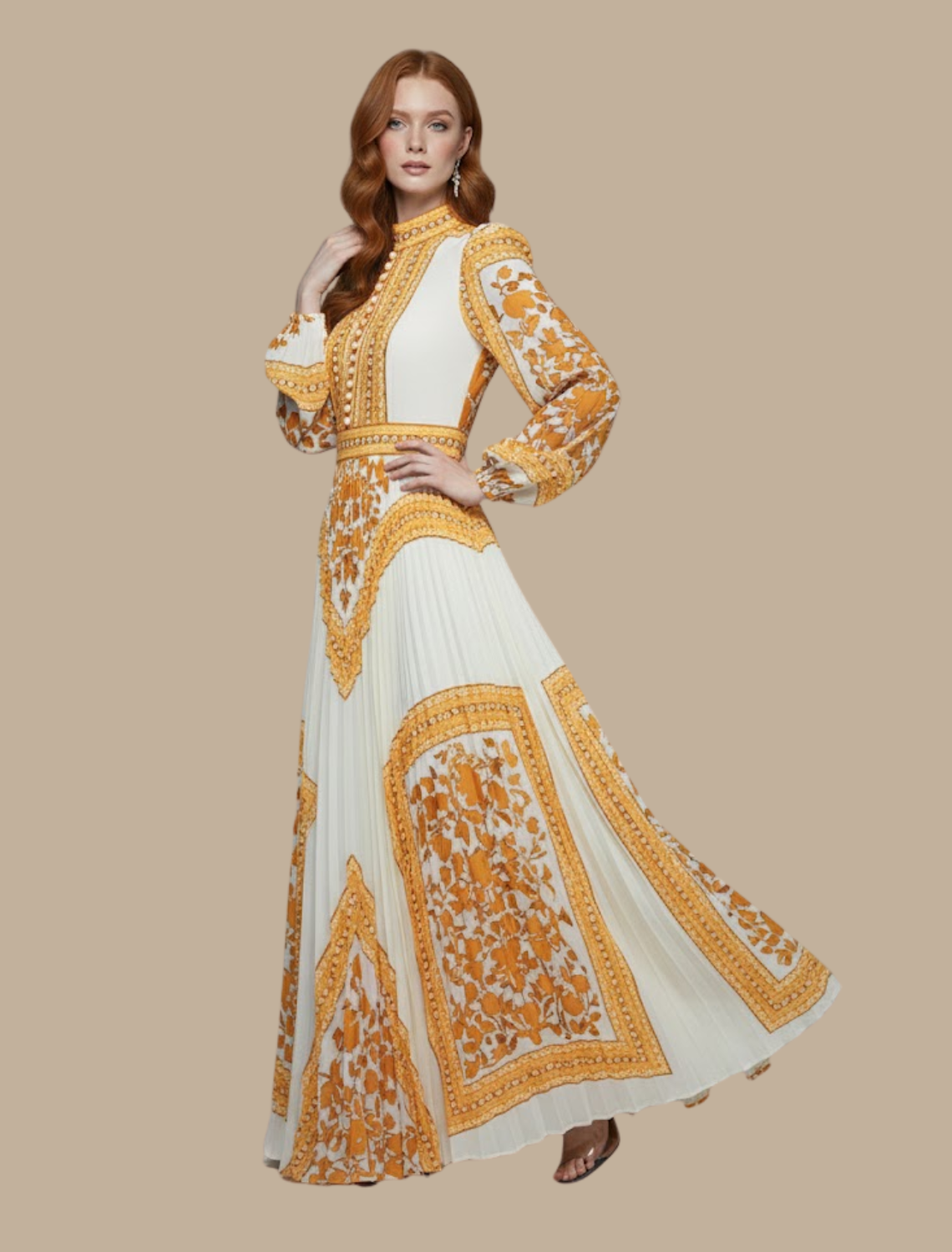 Lucía | Vestido maxi para mujer con plisado y manga larga estampado