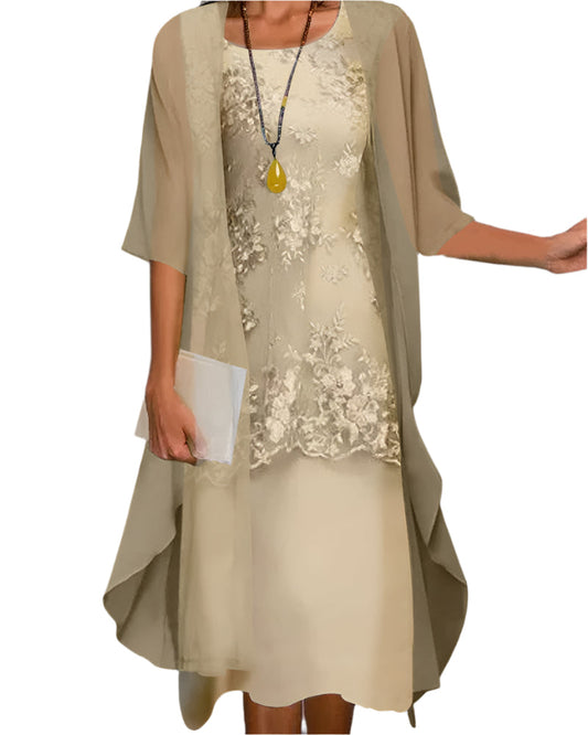 Claudia | Vestido midi de mujer para invitada de boda con mangas transparentes