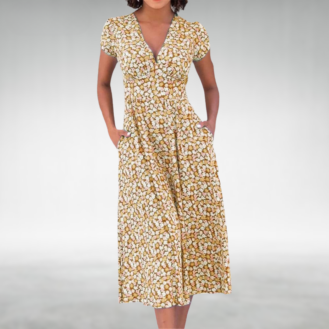 Violante | Women's Floral V-Neck Midi Dress with Pockets
