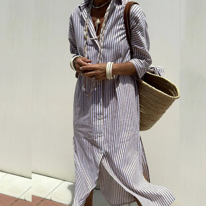 Vespera | Striped Button-Front Midi Summer Dress