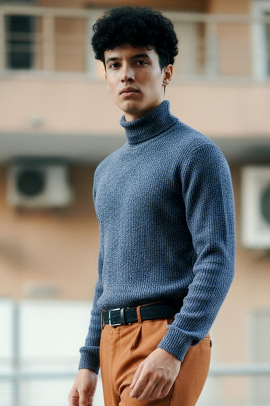 Jersey de Cuello Alto de Punto | Tomás – Azul Cerúleo