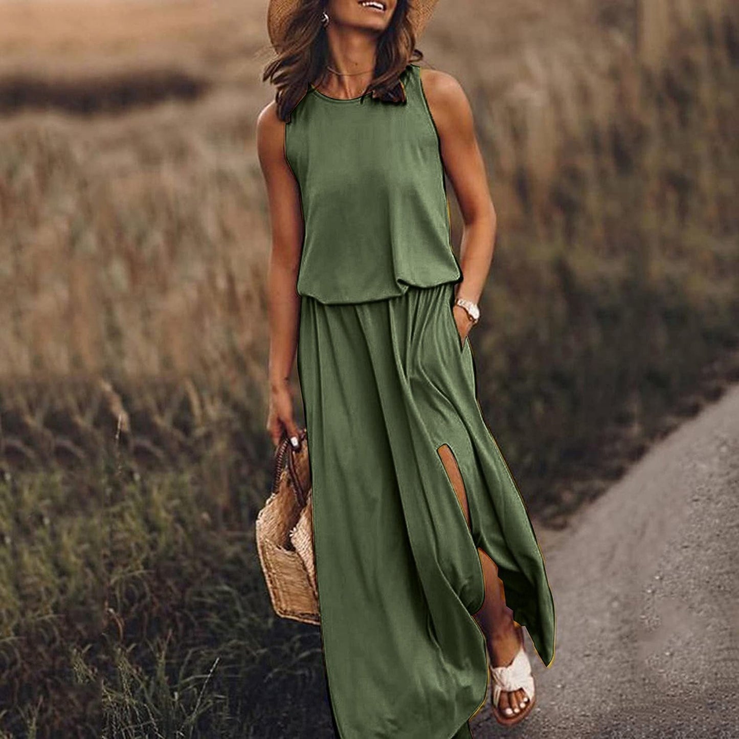 Kariela | Vestido maxi elegante para mujer con abertura lateral | Sin mangas