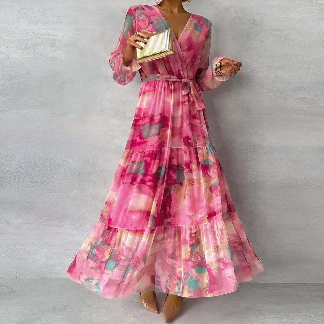sachin and babi light blue dress Elegant Floral Print Women Dress Spring Summer Casual ruffle layered long  sleeved Chiffon A Line Long Maxi Dress main image 1