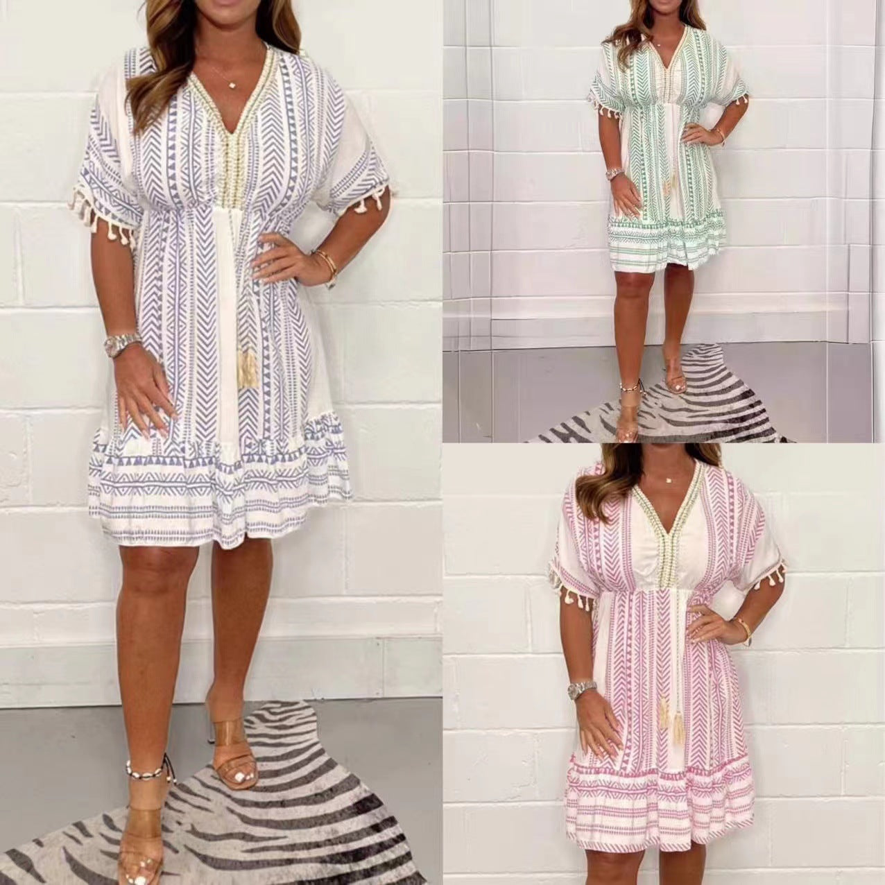 Marina | Vestido mini para mujer boho con cuello V y borlas