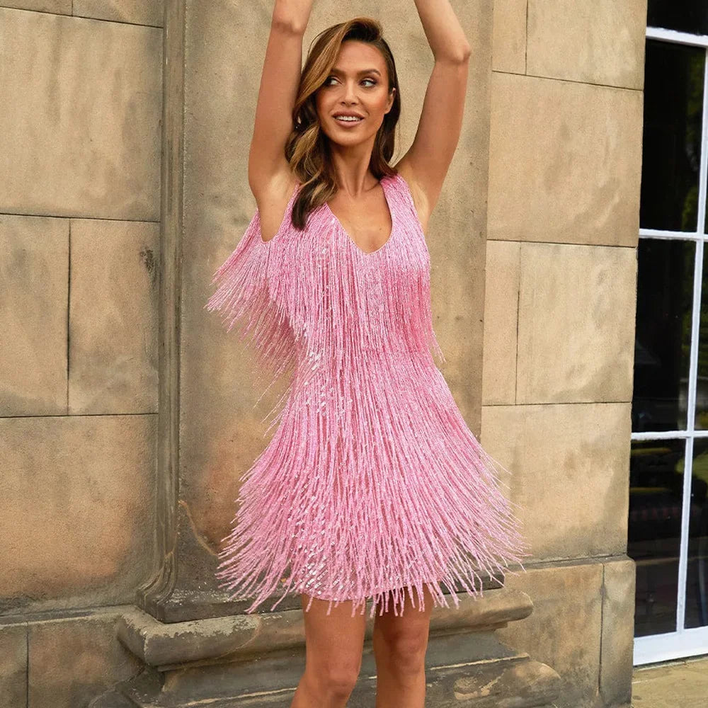 Maddi | Vestido de Cóctel Clásico para Mujer con Flecos y Plumas