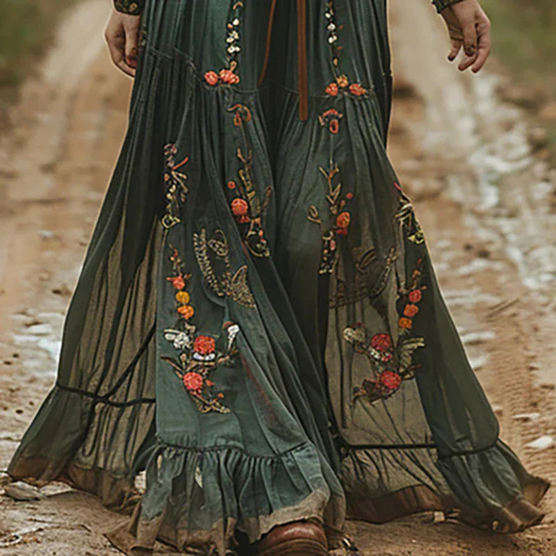 Sohee | Boho Long Dress with Floral Embroidery