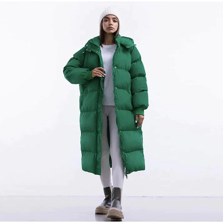 Abrigo largo tipo puffer con capucha para mujer