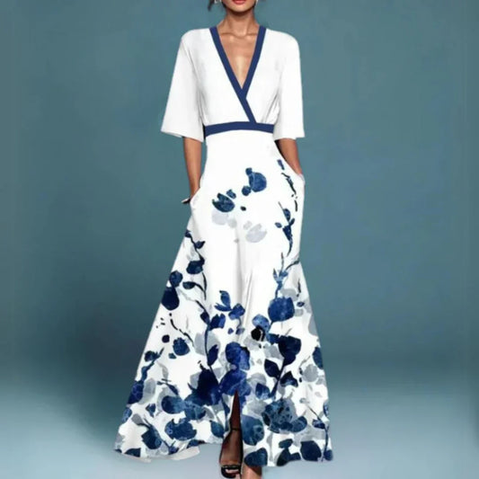 Verónica | Elegant maxi dress with floral print and crossover neckline