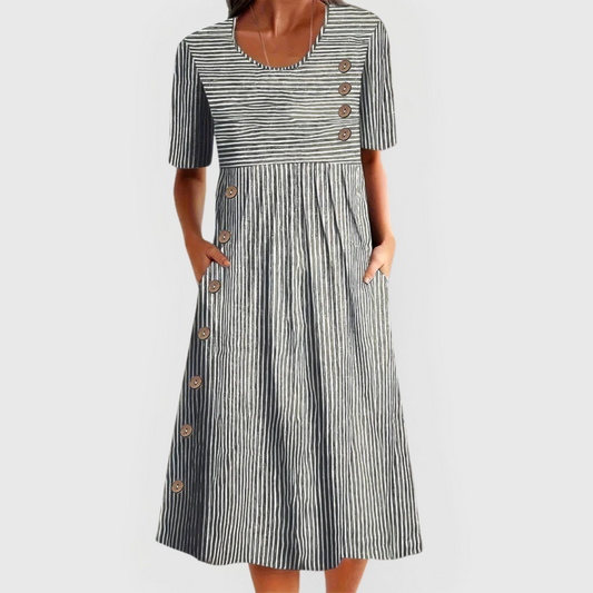 Carmen | Robe midi à rayures avec boutons décoratifs pour femme