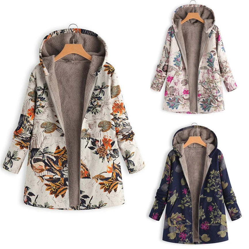 Milagros | Abrigo de invierno para mujer con estampado floral y capucha
