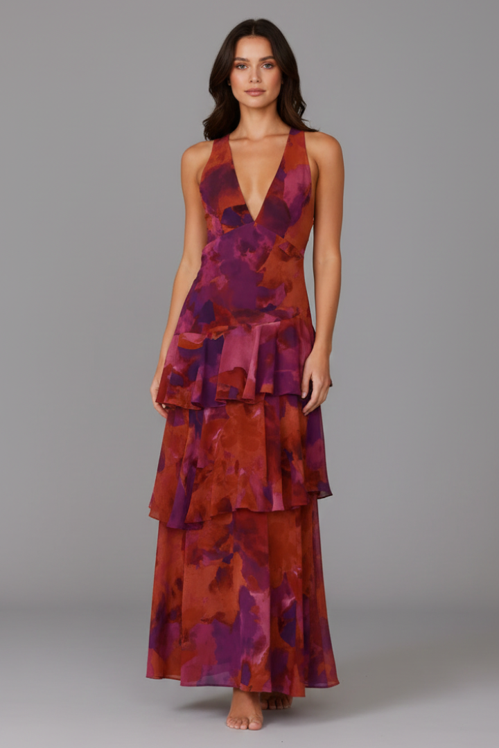 Raquel | Women's V-Neck Tiered Maxi Dress