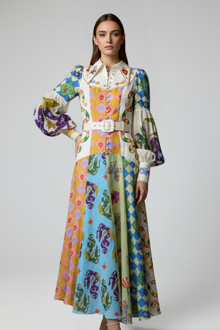 Lara | Vestido largo de mujer con manga larga y estampado con escote en V