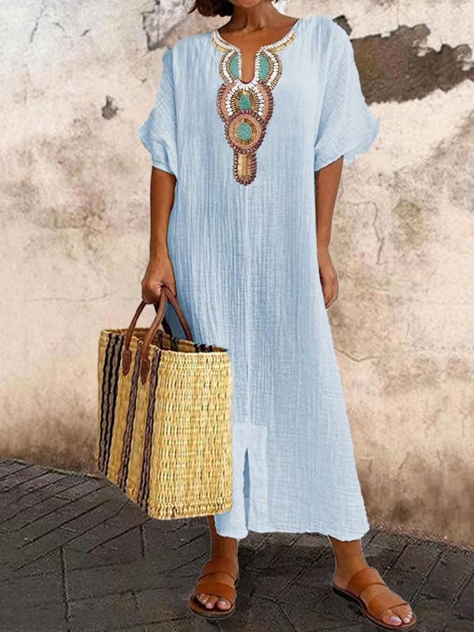 Anni | Vestido caftán bohemio con bordado y manga corta diseño suelto