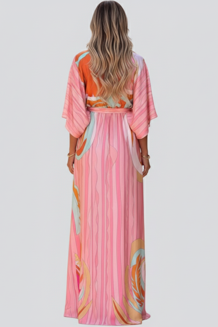 Marisol | Vestido largo de mujer con estampado y escote en V con cinturón