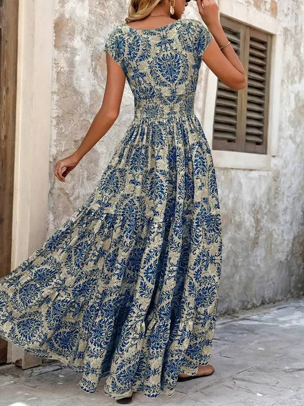 Cristina | Robe maxi bohème femme à imprimé et fronces