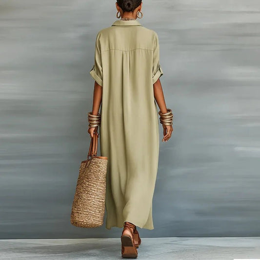 Rocío | Vestido largo de lino para mujer con estilo camisero y botones