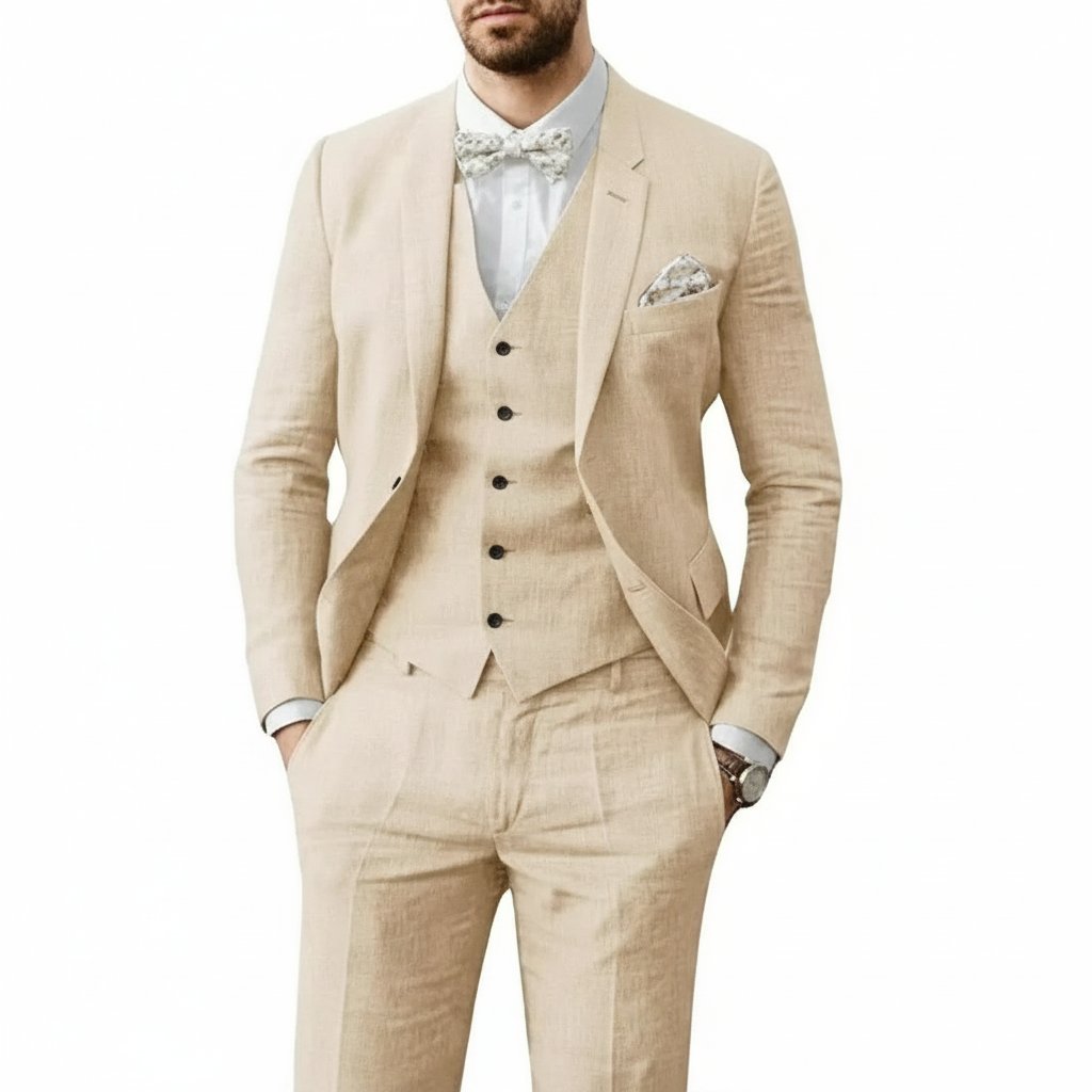 Nicolás | Traje de lino para hombre con chaleco y corte entallado de boda