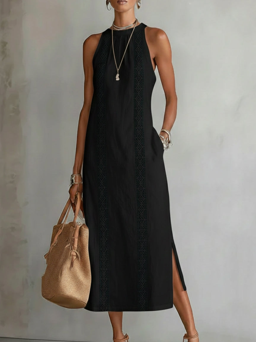 Gregoria | Vestido midi bordado con cuello alto amplio