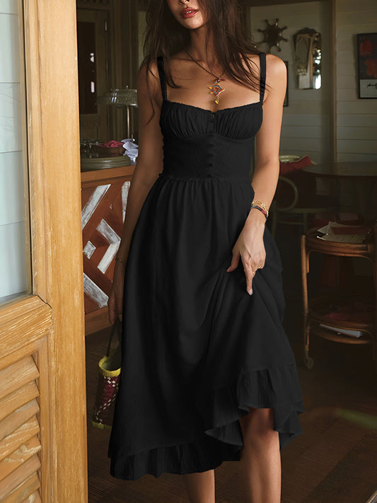 Mónica | Robe midi femme à fines bretelles et volants