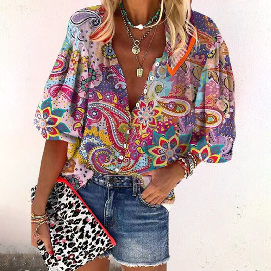 Maria | Women's Bohemian Floral Print Loose Short-Sleeved Blouse