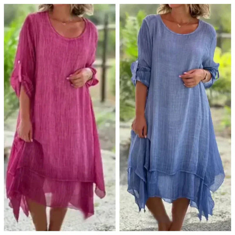 Mariela | Vestido midi para mujer con capas y manga tres cuartos