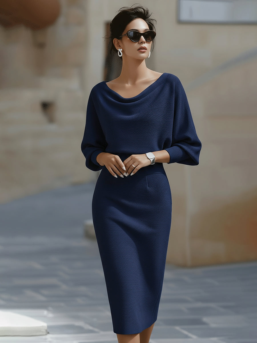 Patricia | Midi dress with mid-length sleeves and fitted draped neckline