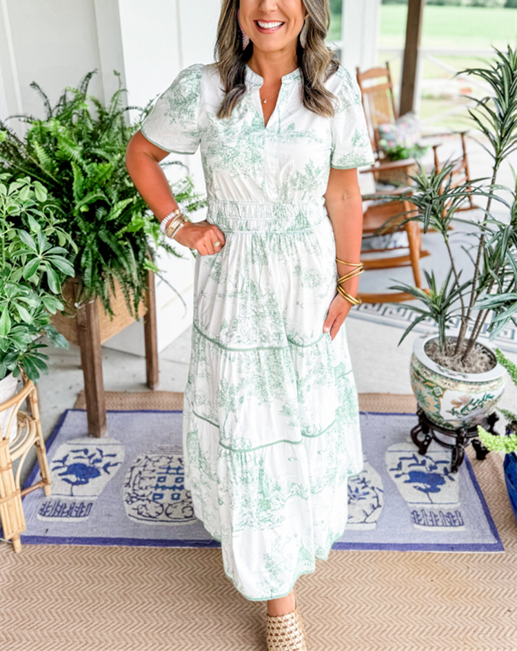 Olalla | Vestido midi para mujer con estampado vintage y volantes