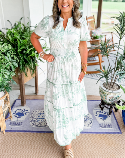 Olalla | Vestido midi para mujer con estampado vintage y volantes