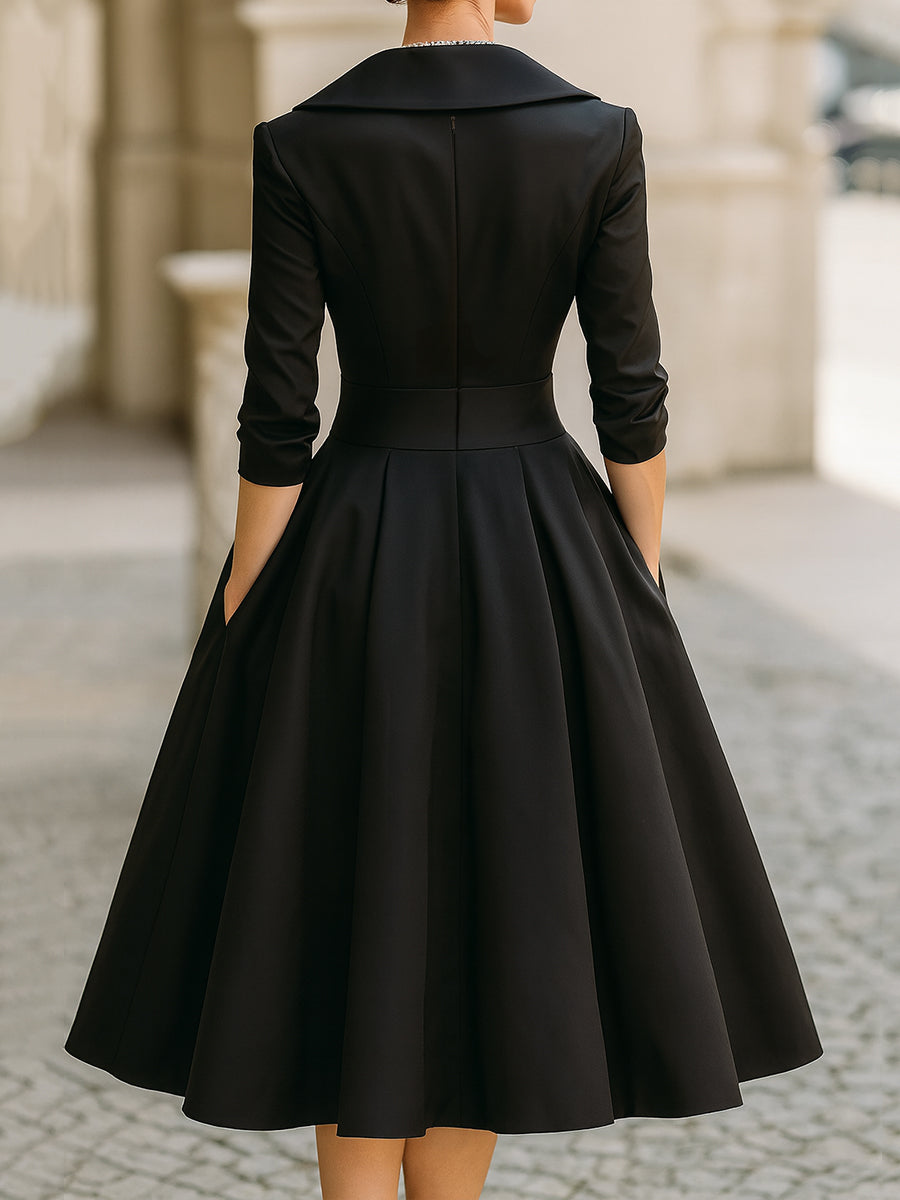 Victoria | Elegant midi dress with long sleeves and crossover neckline