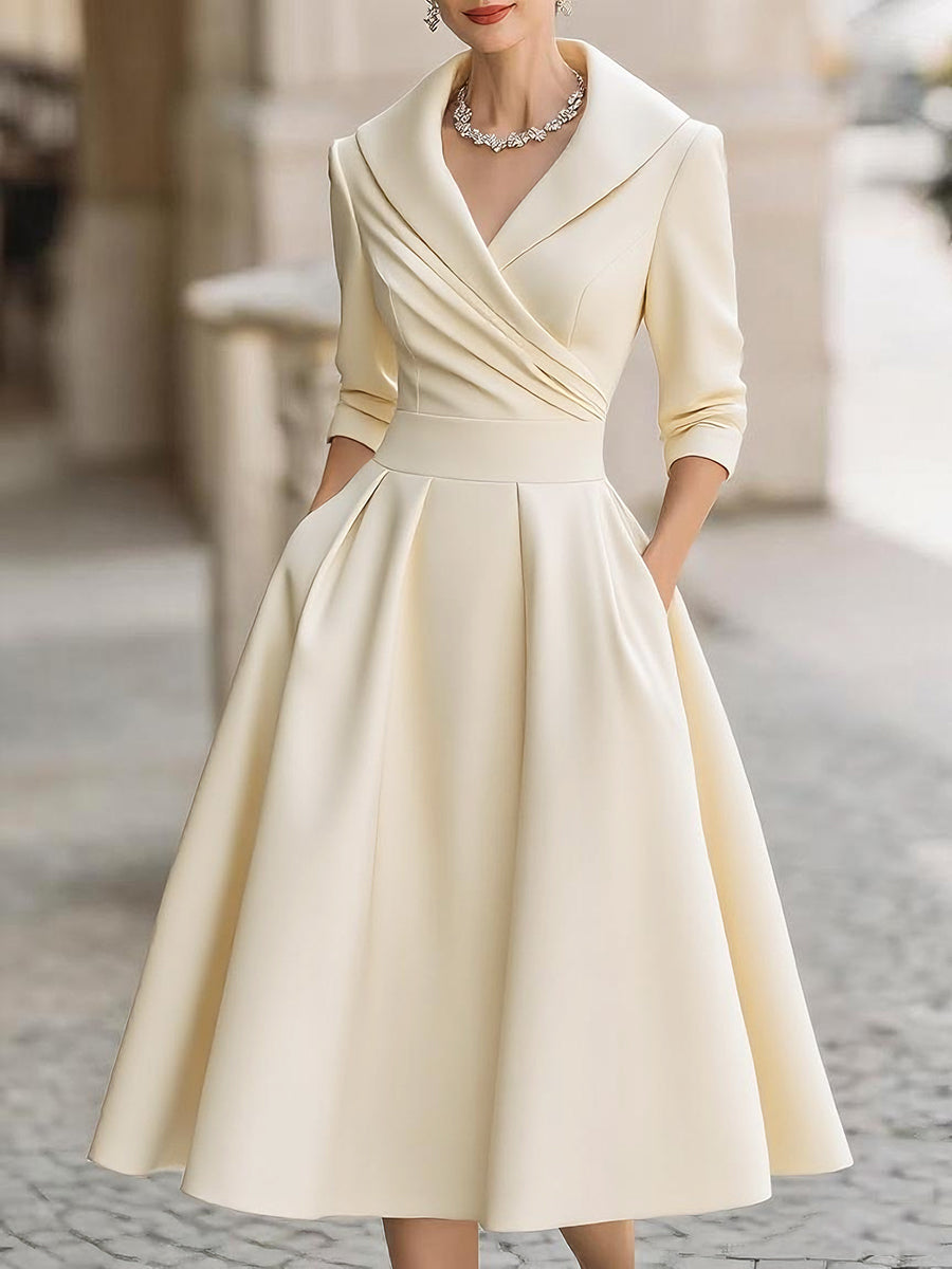 Victoria | Elegant midi dress with long sleeves and crossover neckline
