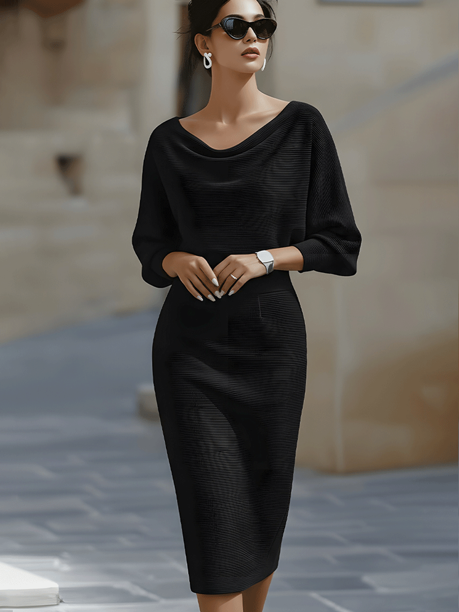 Patricia | Midi dress with mid-length sleeves and fitted draped neckline