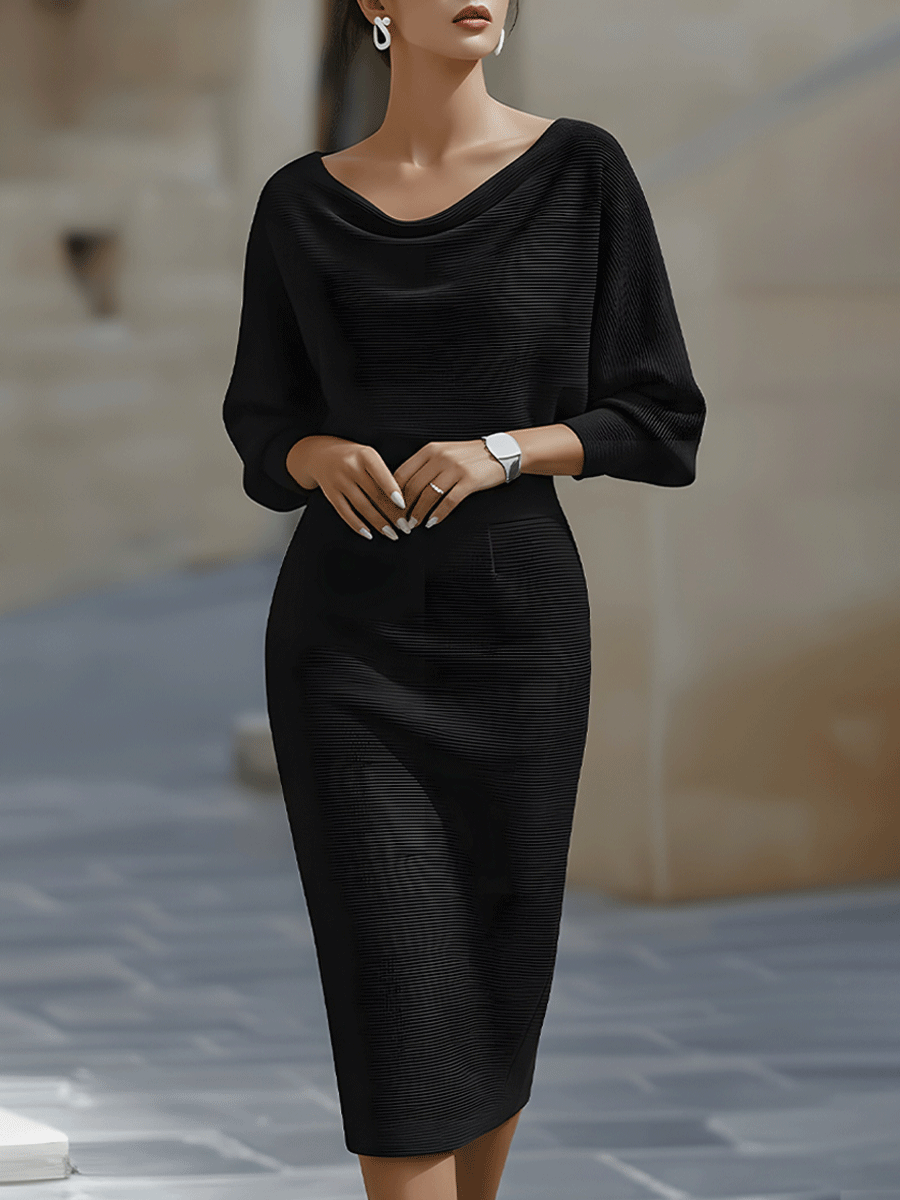 Patricia | Midi dress with mid-length sleeves and fitted draped neckline