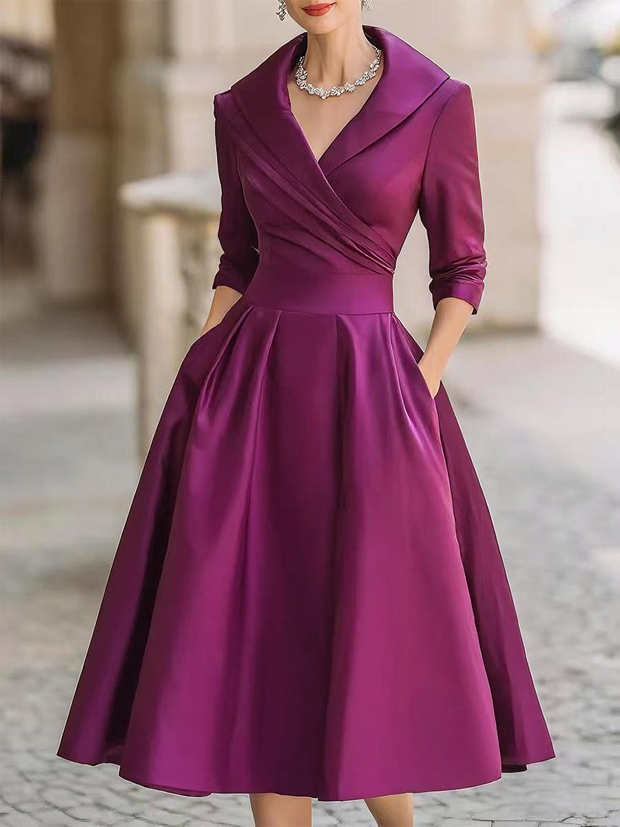 Victoria | Elegant midi dress with long sleeves and crossover neckline