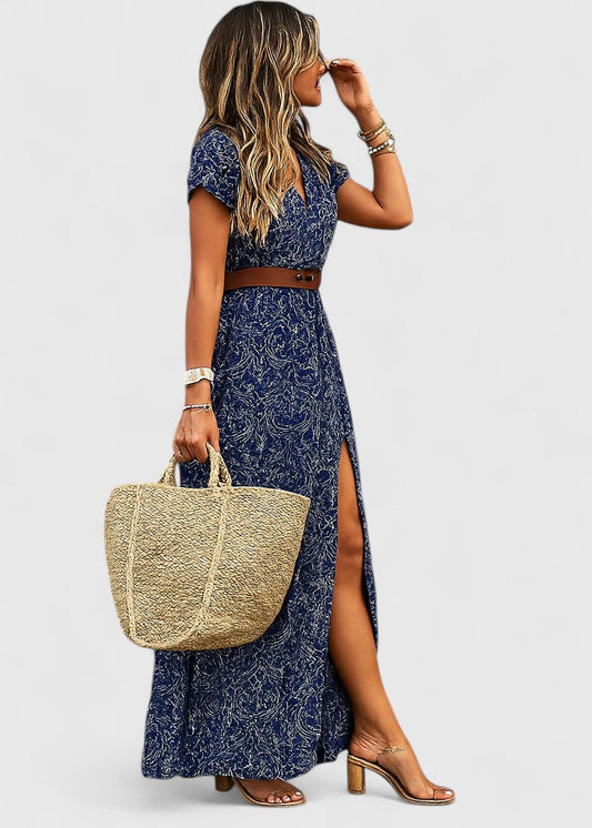 Elira | Robe maxi bohème pour femme avec col en V et manches courtes