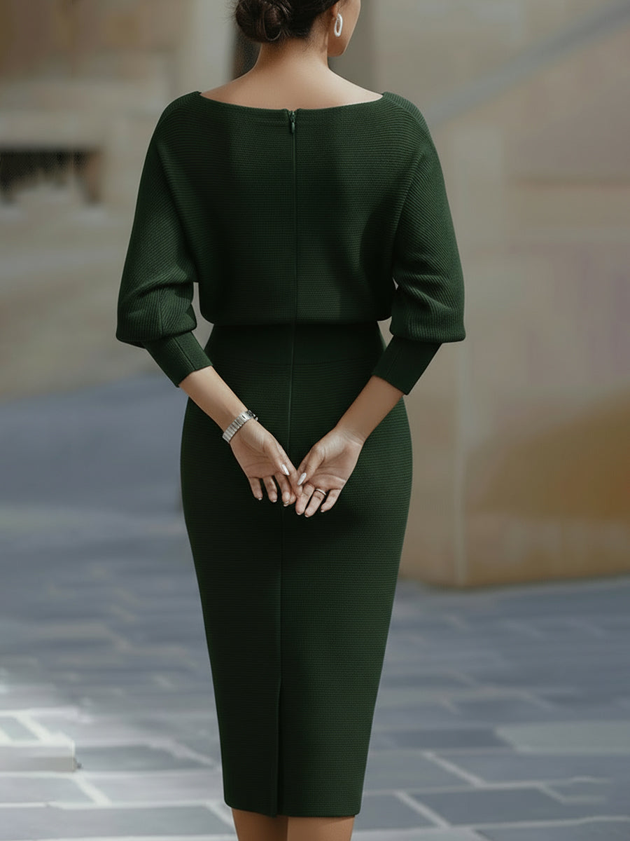Patricia | Midi dress with mid-length sleeves and fitted draped neckline