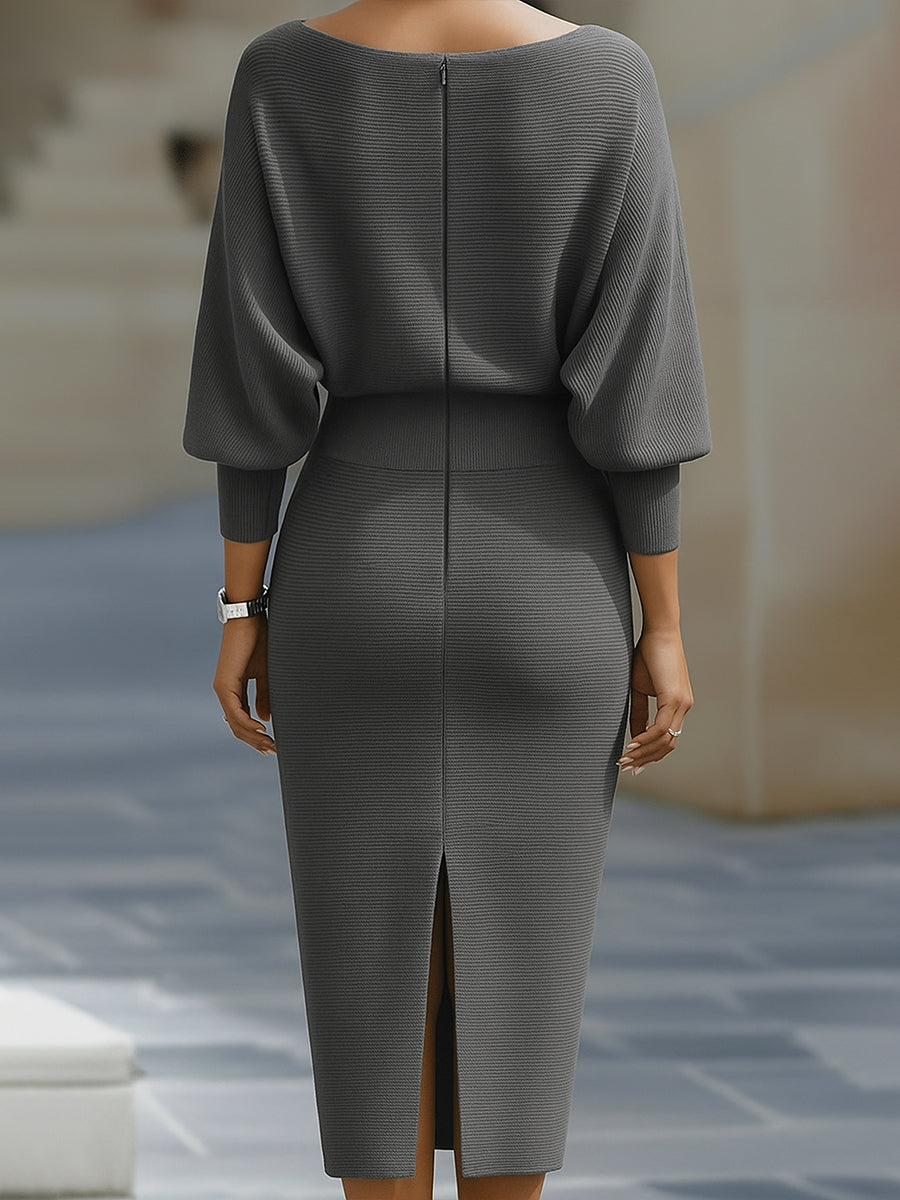 Patricia | Midi dress with mid-length sleeves and fitted draped neckline