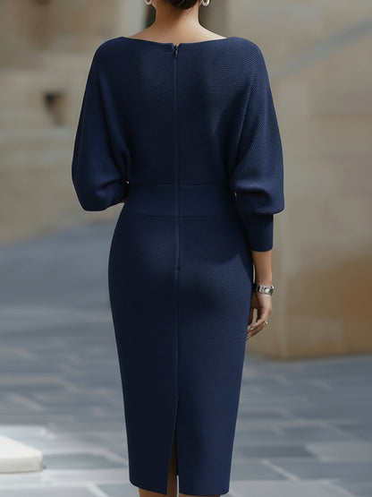 Patricia | Midi dress with mid-length sleeves and fitted draped neckline