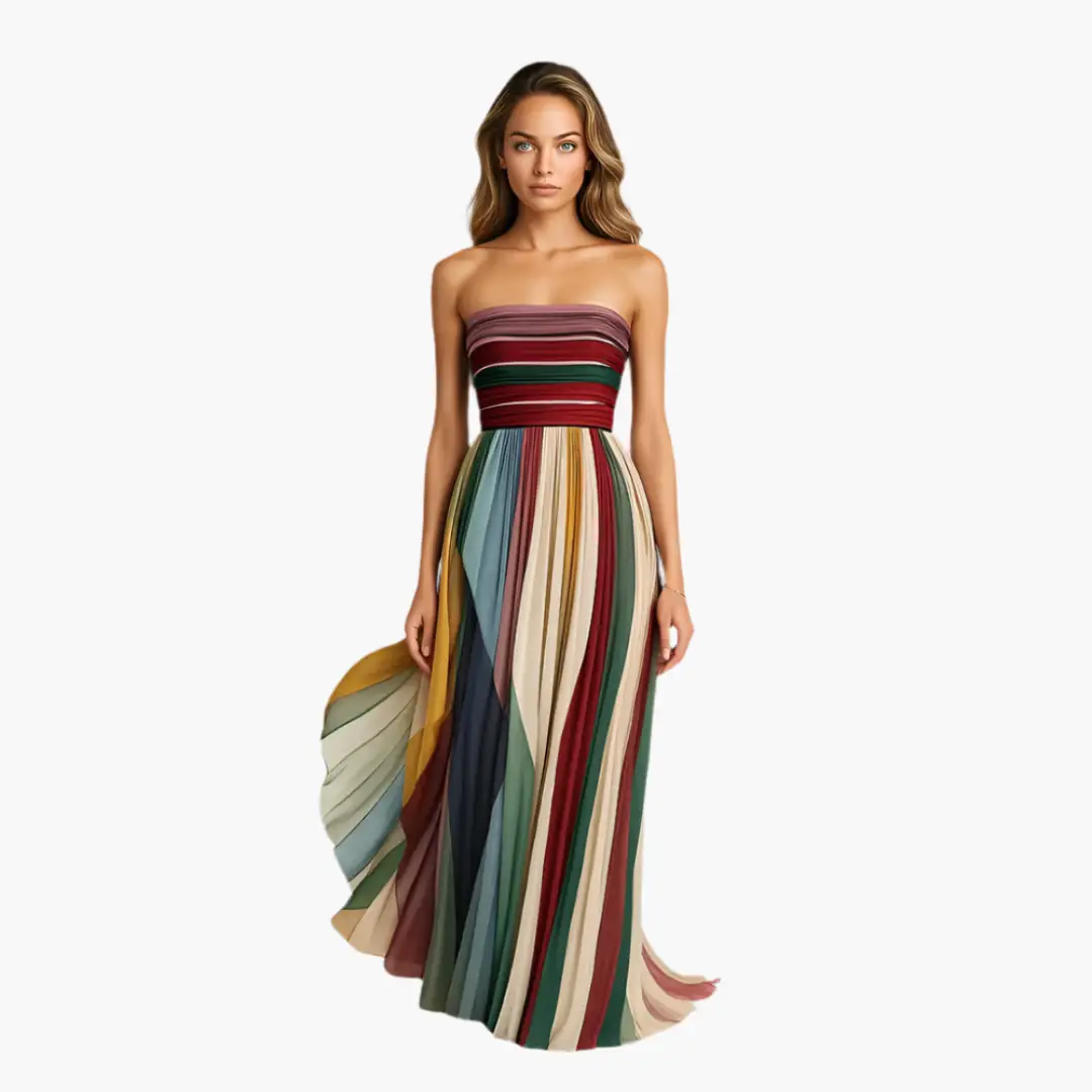 Mercedes | Vestido maxi para mujer sin tirantes y rayas elegante