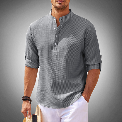 Carlos | Hombre camisa con textura y manga larga cuello sin solapa