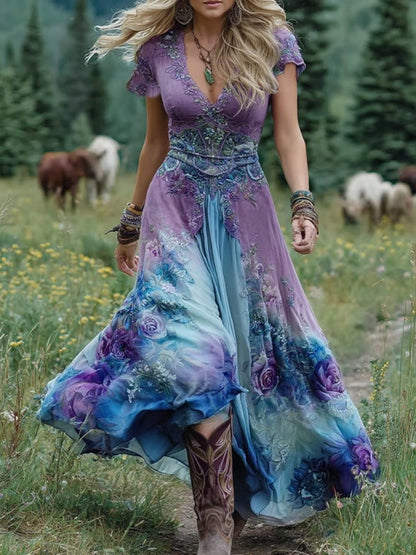 Elara | Robe maxi fleurie avec effet dégradé