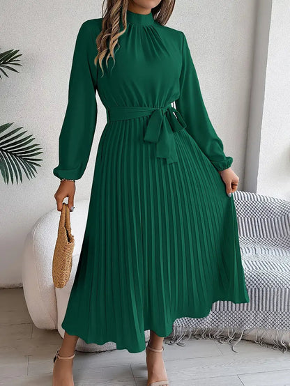 Rhea | Pleated Long Sleeve Dress with Belt