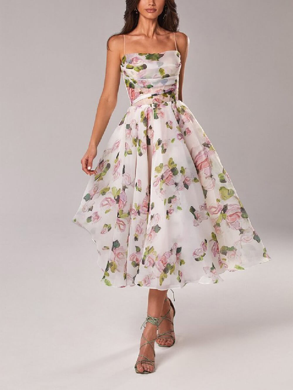 Celia | Robe midi pour femme avec fines bretelles et ligne A
