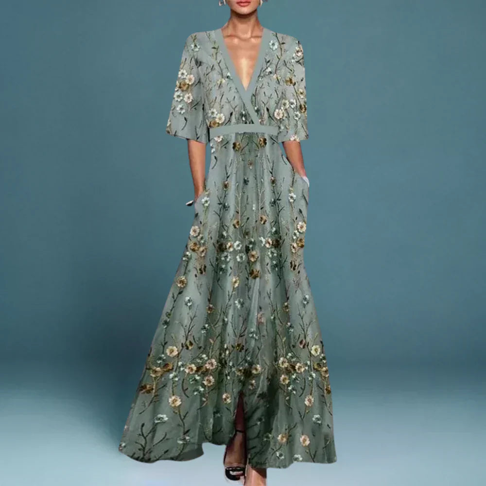 Verónica | Vestido maxi elegante con estampado floral y escote cruzado
