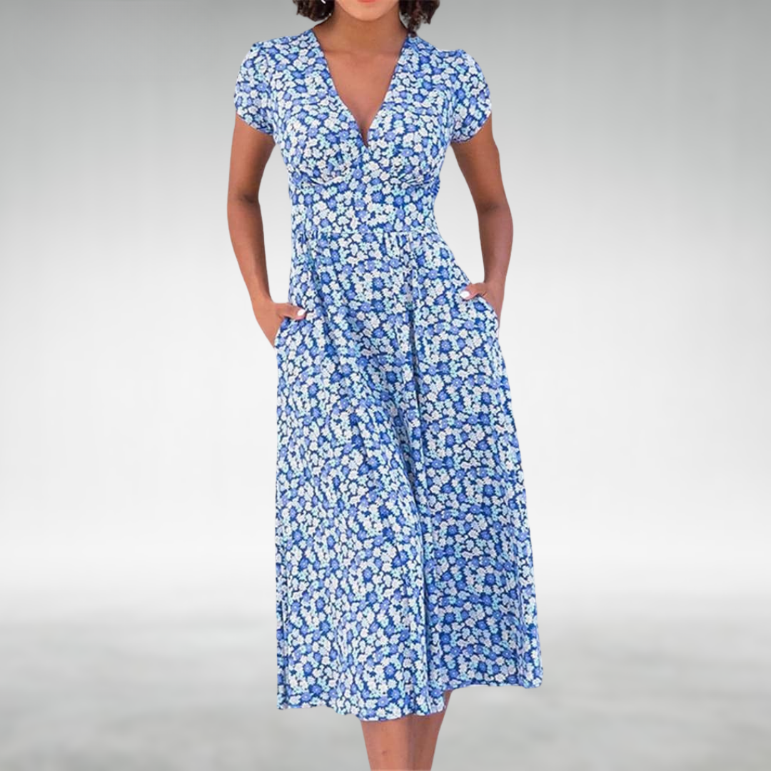 Violante | Women's Floral V-Neck Midi Dress with Pockets