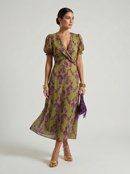Francisca | Florales Midikleid mit Puffärmeln und V-Ausschnitt